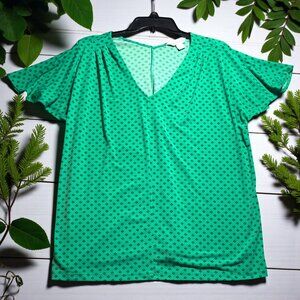 Liz Claiborne XL Green Print Flutter Sleeve Blouse Top V-Neck Flowy Plus